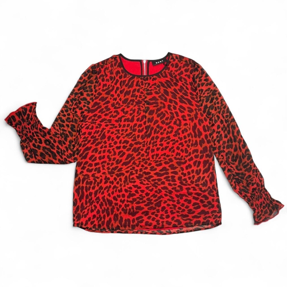Women's DKNY Red Leopard Print Long Sleeve Blouse Ruffled Sleeves